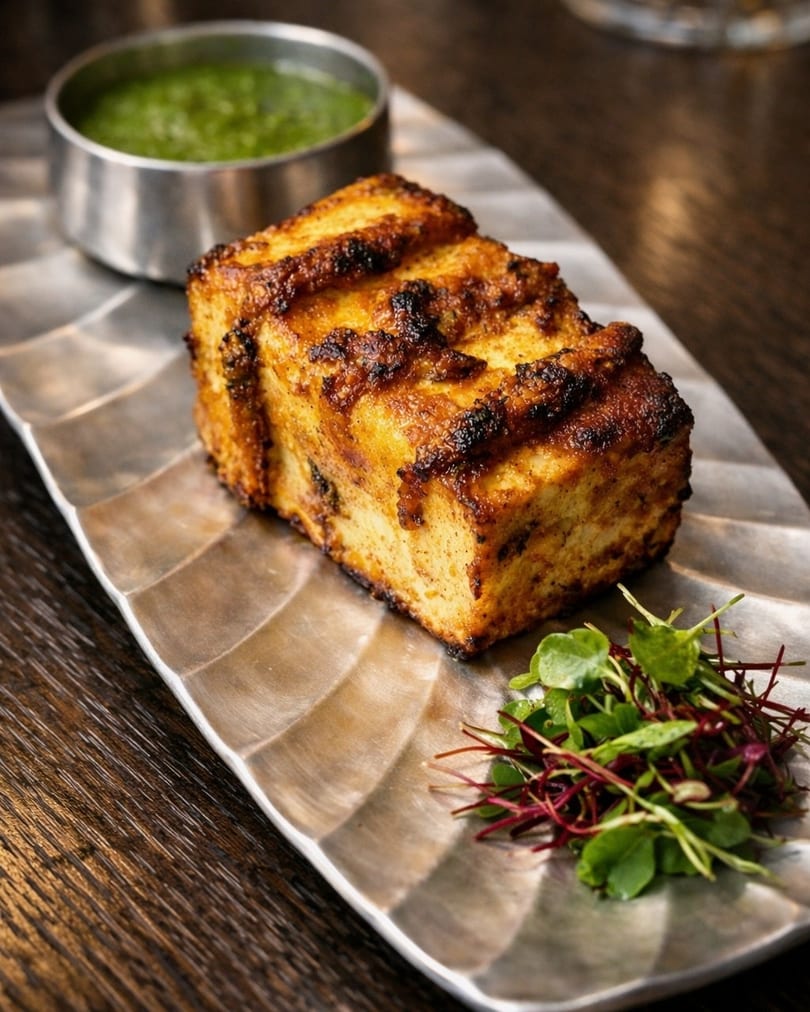 Grilled paneer block with green chutney and microgreens on a silver platter.
